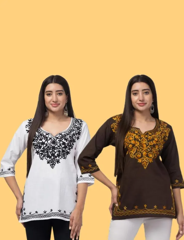 White_And_Brown_Printed_Straight_Kurti_For_Women