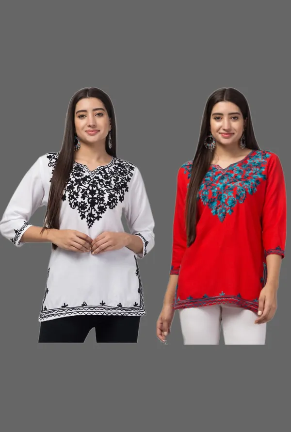 White_Red_Viscose_Rayon_Printed_Straight_Kurti_For_Women_Set_Of_2