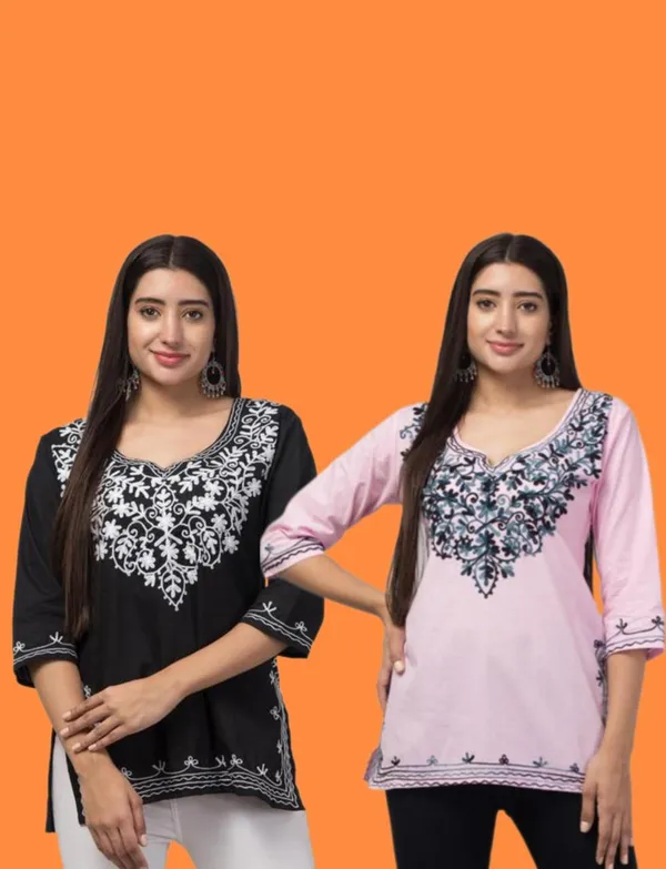 Black_Pink_Viscose_Rayon_Straight_Embroidered_Kurti_For_Women_Set_Of_2