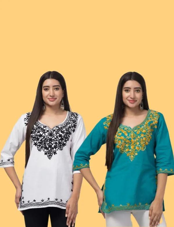 White_And_Teal_Embroidered_Straight_Kurti_for_Women