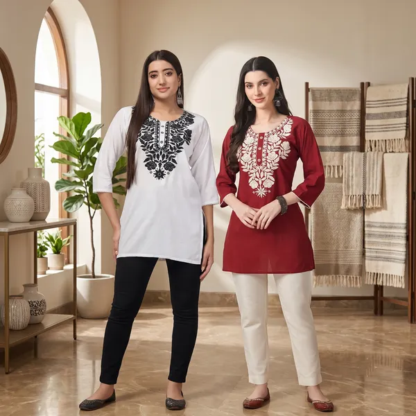 White_Maroon_Viscose_Rayon_Straight_Embroidered_Kurti_For_Women_Set_Of_2
