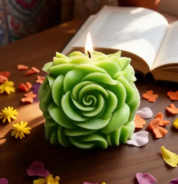 Wax_Green_Rose_Shaped_Floral_Sculpted_Candle