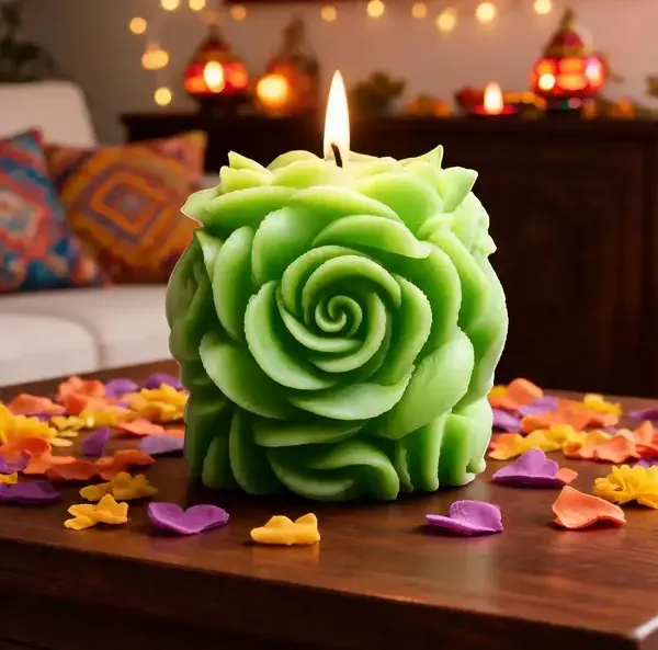 Wax_Green_Rose_Shaped_Floral_Sculpted_Candle
