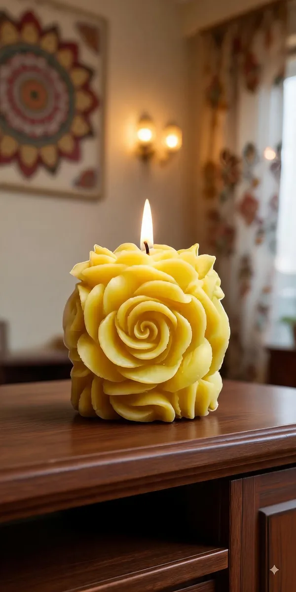 Wax_Yellow_Floral_Rose_Sculpted_Decorative_Candle