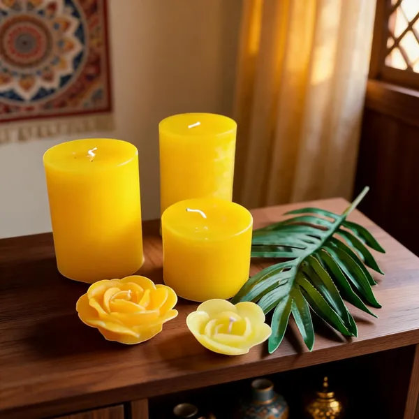 Wax_Yellow_Pillar_And_Flower_Shaped_Decorative_Candle_Set