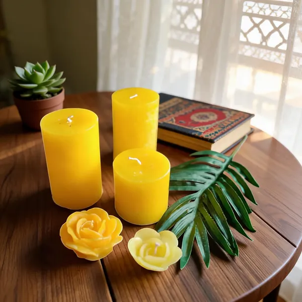 Wax_Yellow_Pillar_And_Flower_Shaped_Decorative_Candle_Set
