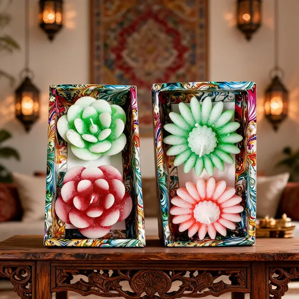 Wax_Decorative_Flower_Shaped_Pink_Green_Candle_Set_Pack_Of_4