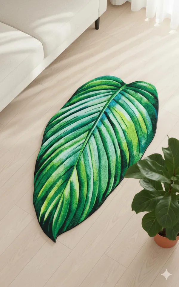 Vs_Home_Living_Leaf_Shape_Floor_Mat_For_Bedroom_Living_Room_Soft_Indoor_Area_Rug_Green_Decorative_Cutout_Design_88_X_45_Cm