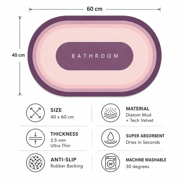 Vs_Home_Living_Oval_Bathroom_Mat_40_X_60_Cm_Purple_And_Pink_3_5_Mm_Ultra_Thin_Absorbent_Tech_Velvet_Surface_With_Rubber_Backing