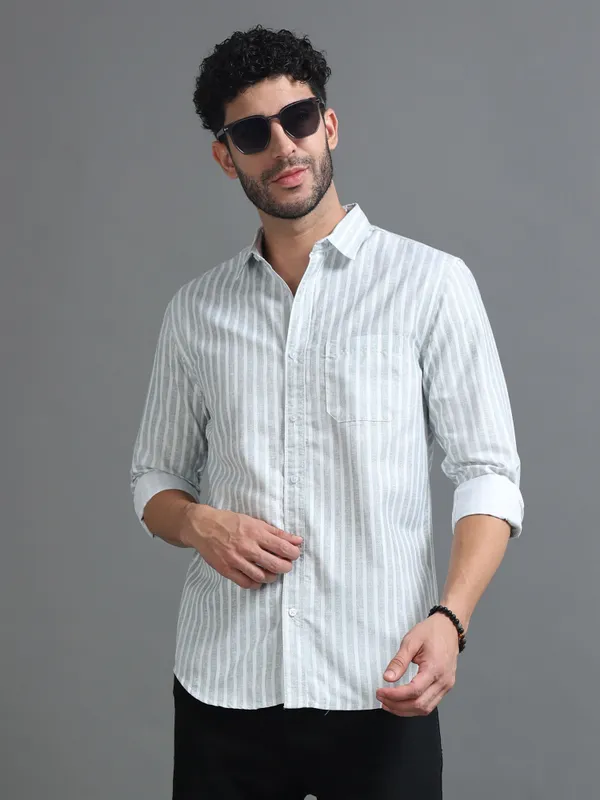 Tom_Mackler_Men_Striped_Casual_White,_Light_Green_Shirt