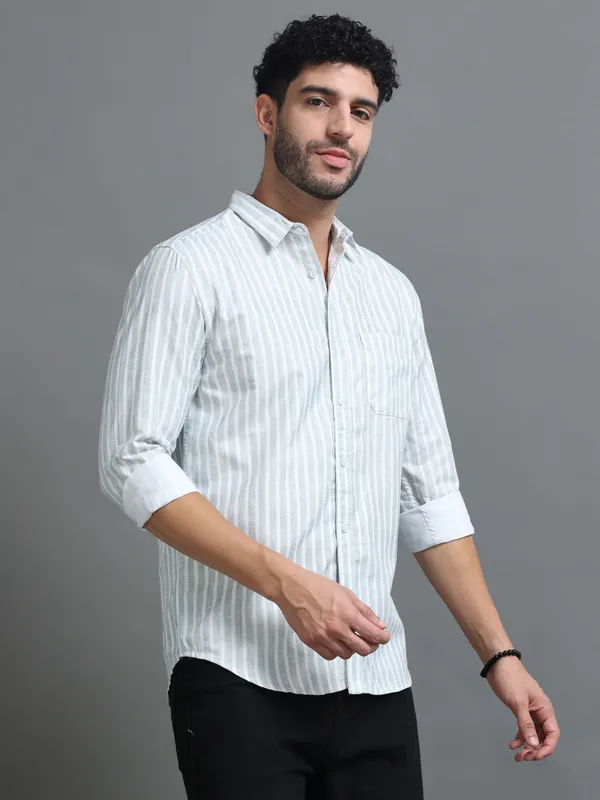 Tom_Mackler_Men_Striped_Casual_White,_Light_Green_Shirt
