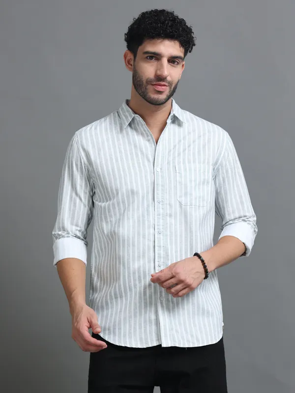 Tom_Mackler_Men_Striped_Casual_White,_Light_Green_Shirt