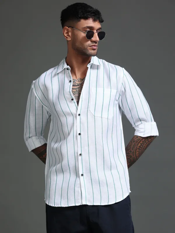 Tom_Mackler_Men_Striped_Casual_Green_Shirt