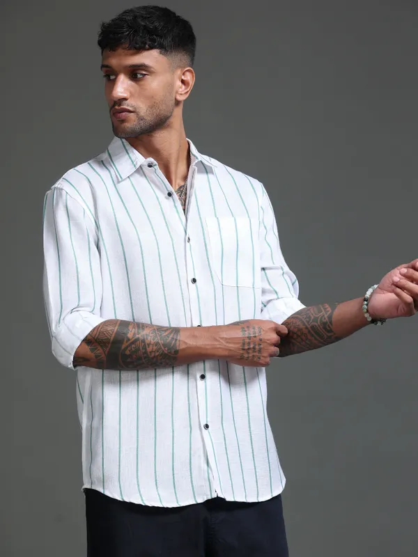 Tom_Mackler_Men_Striped_Casual_Green_Shirt