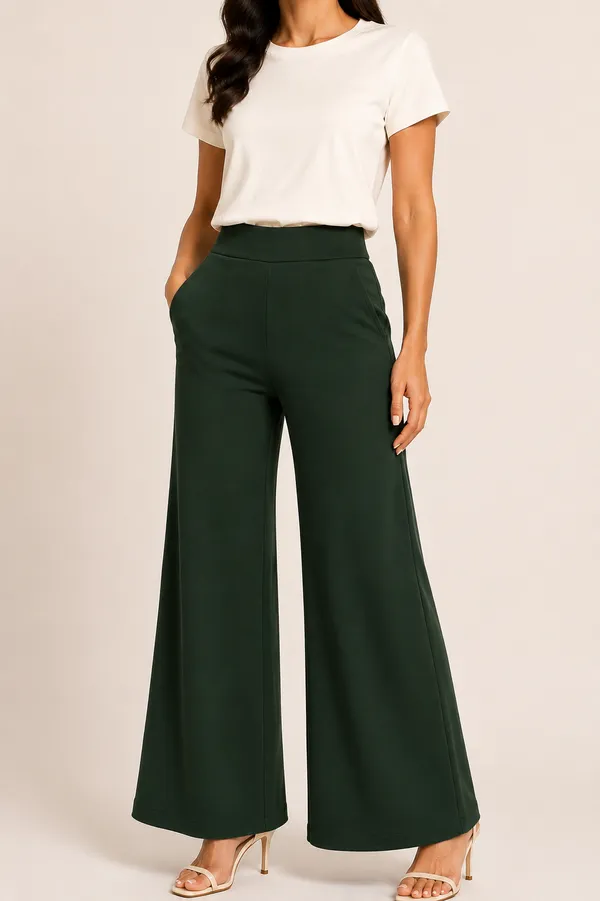 Dark_Green_Premium_Cotton_And_Elastane_Flare_Pant_For_Women