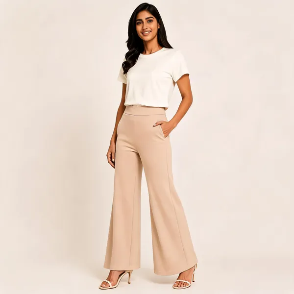Beige_Premium_Cotton_And_Elastane_Flare_Pant_For_Women