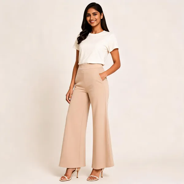 Beige_Premium_Cotton_And_Elastane_Flare_Pant_For_Women