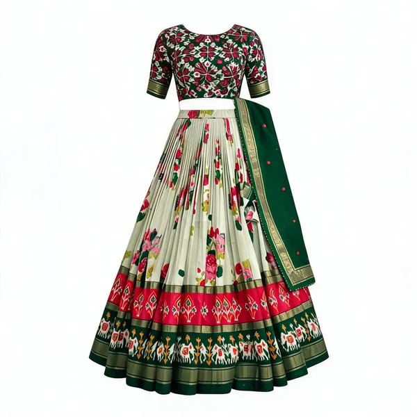Elegant_Bottle_Green_Floral_Printed_Lehenga_Choli_Set_with_Contrast_White_Skirt,_Ethnic_Border_&_Designer_Dupatta