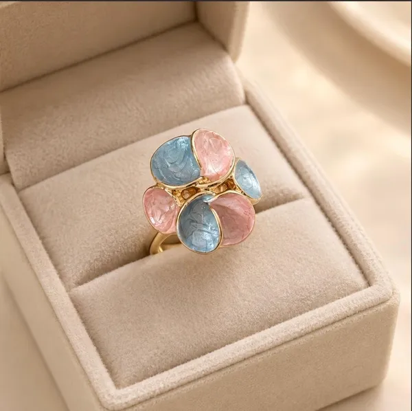 Gold-Plated_Blue_and_Pink_Enamel_Floral_Cluster_Statement_Ring