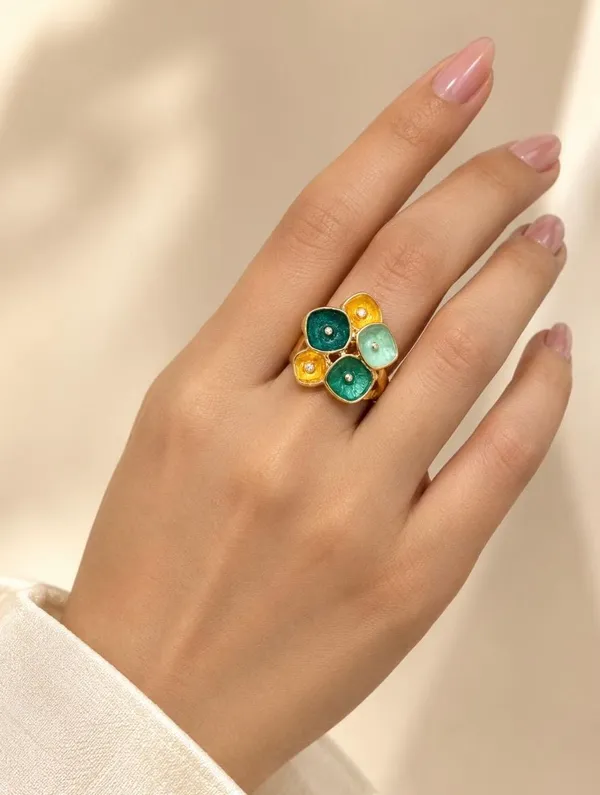 Gold-Plated_Green_and_Yellow_Enamel_Square_Cluster_Statement_Ring