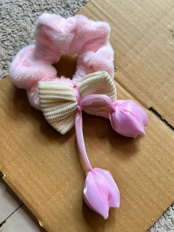 Pink_Cotton_Plush_Bow_Hair_Scrunchie_For_Women_Pack_Of_2