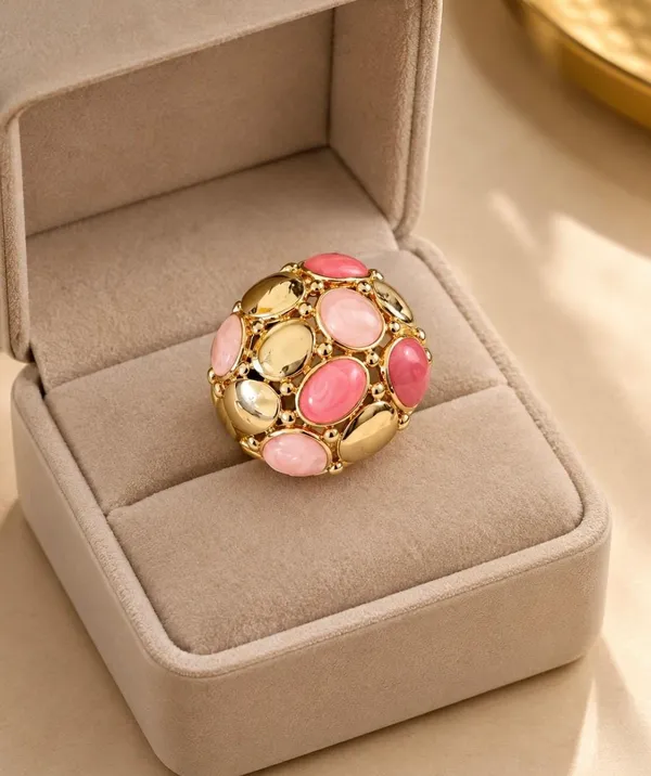 Gold-Plated_Pink_Enamel_and_Polished_Dome_Cluster_Statement_Ring