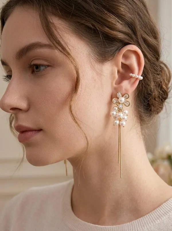 Gold-Plated_Floral_Zirconia_and_Pearl_Drop_Long_Chain_Earrings