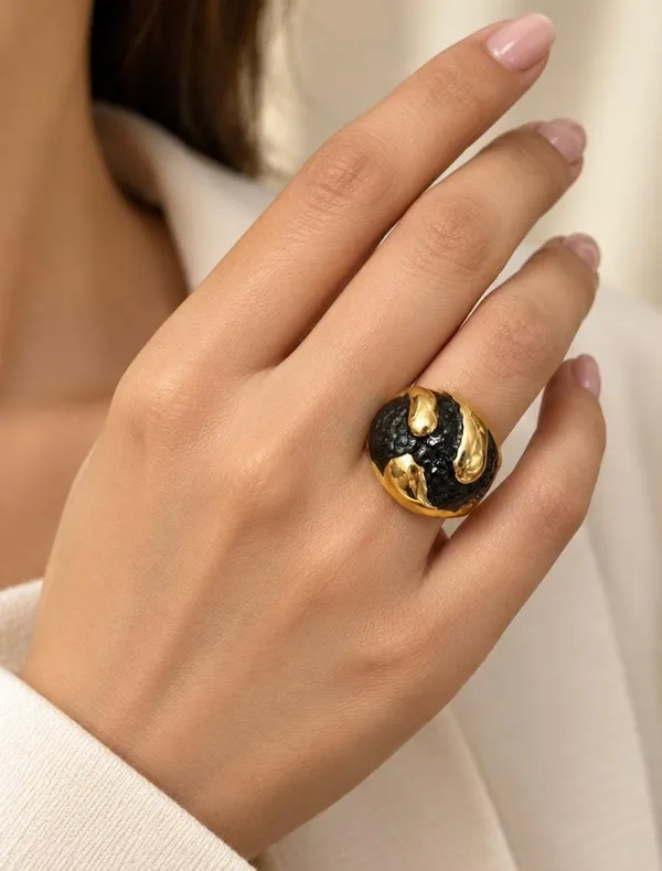 Gold-Plated_Black_Textured_Sphere_Statement_Ring