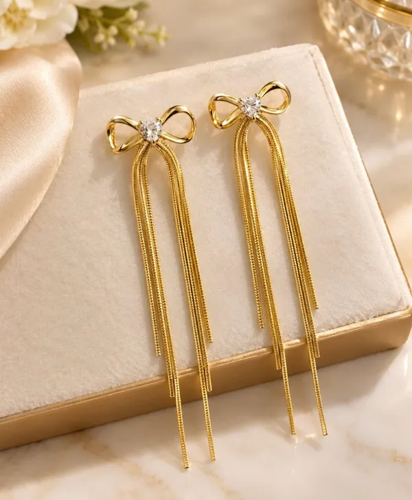 Gold-Plated_Bow_&_Heart_Crystal_Tassel_Long_Earrings