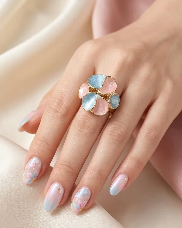 Gold-Plated_Blue_and_Pink_Enamel_Floral_Cluster_Statement_Ring
