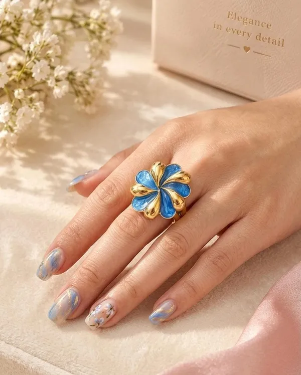Gold-Plated_Blue_Enamel_Swirl_Cluster_Statement_Ring