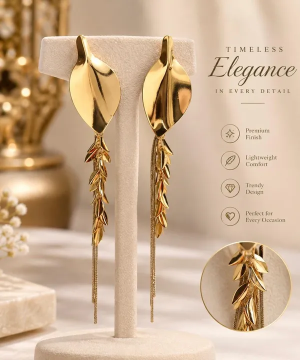Gold-Plated_Leaf_Design_Long_Tassel_Dangle_Earrings