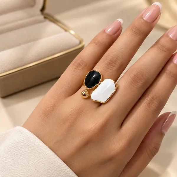 Gold-Plated_Black_and_White_Enamel_Asymmetric_Statement_Ring