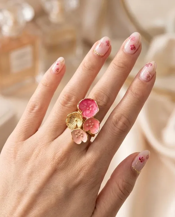 Gold-Plated_Pink_Enamel_Lotus_Pod_Cluster_Statement_Ring