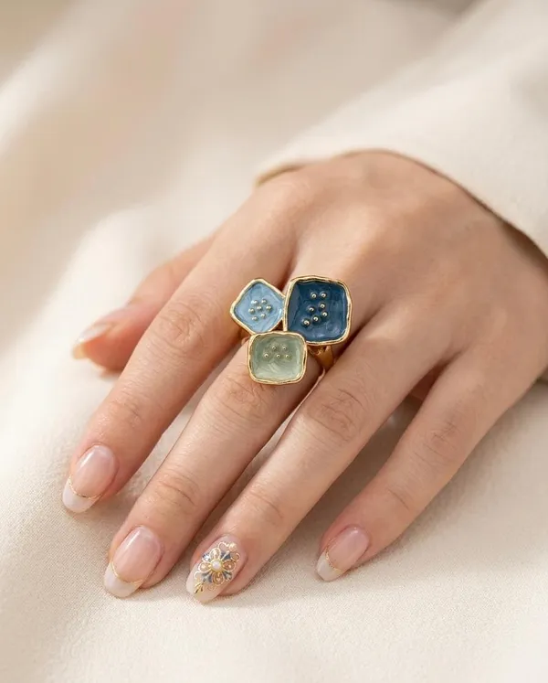 Gold-Plated_Blue_Enamel_Square_Lotus_Pod_Cluster_Statement_Ring