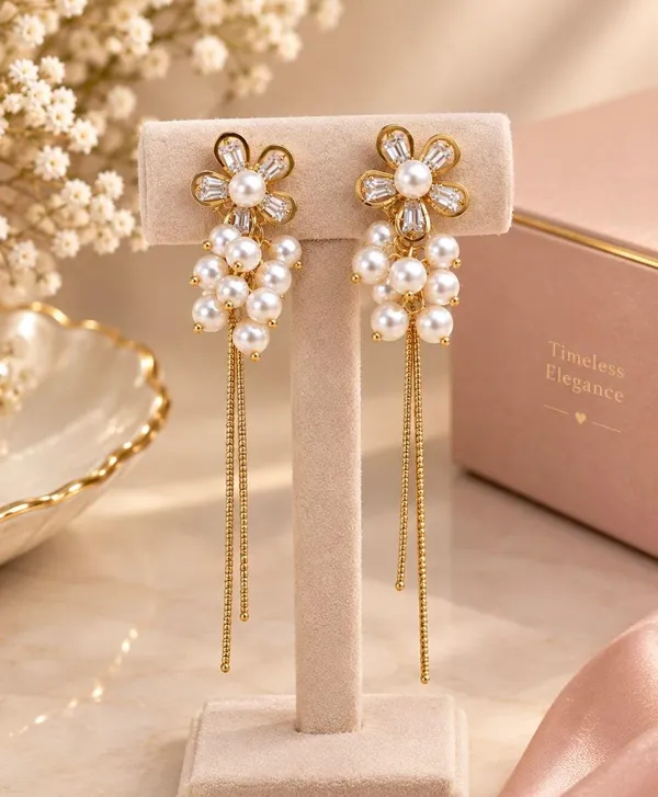 Gold-Plated_Floral_Zirconia_and_Pearl_Drop_Long_Chain_Earrings