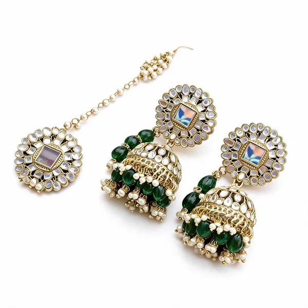 Green_Alloy_Kundan_Layered_Earrings_And_Maang_Tikka_For_Women