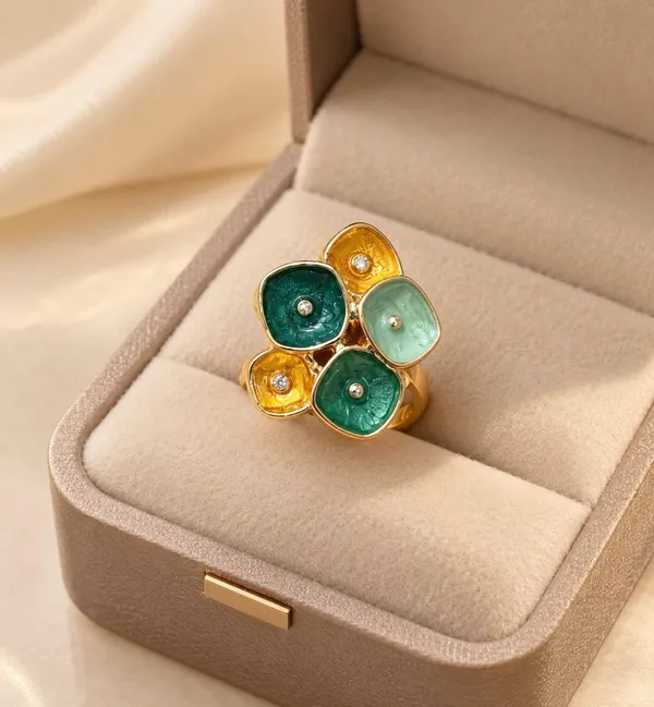 Gold-Plated_Green_and_Yellow_Enamel_Square_Cluster_Statement_Ring