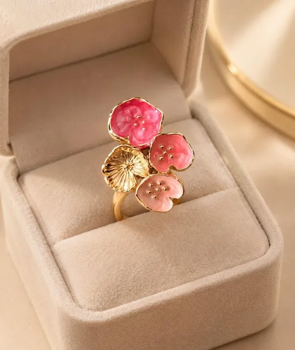 Gold-Plated_Mixed_Crystal_and_Pink_Marble-Effect_Enamel_Statement_Ring