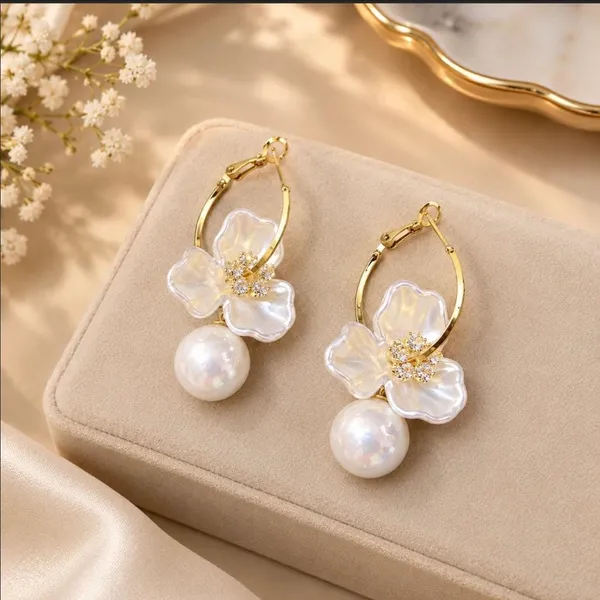 Elegant_White_Floral_Pearl_Drop_Hoop_Earrings