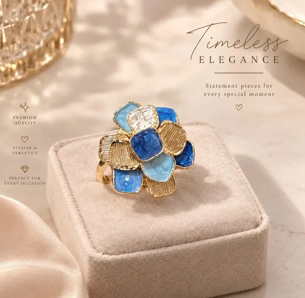 Gold-Plated_Blue_Enamel_Swirl_Cluster_Statement_Ring