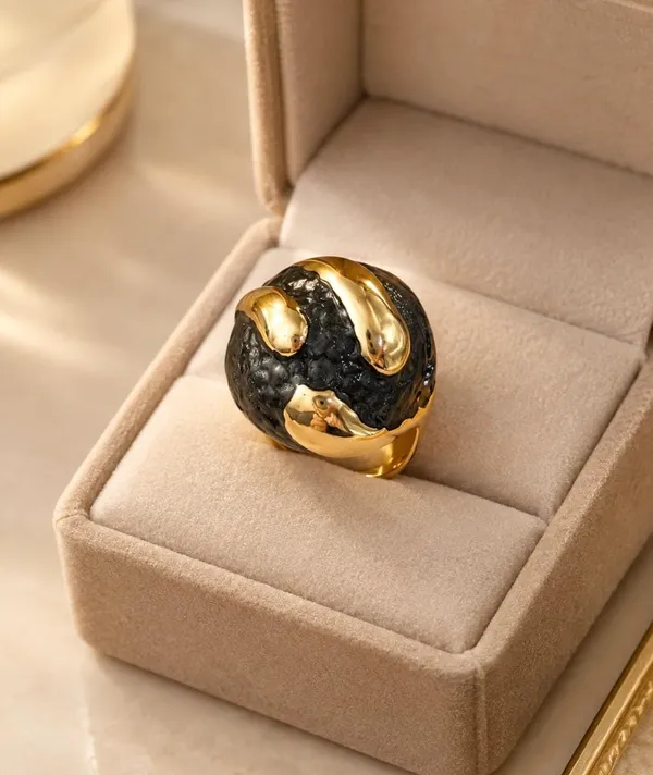 Gold-Plated_Black_Textured_Sphere_Statement_Ring