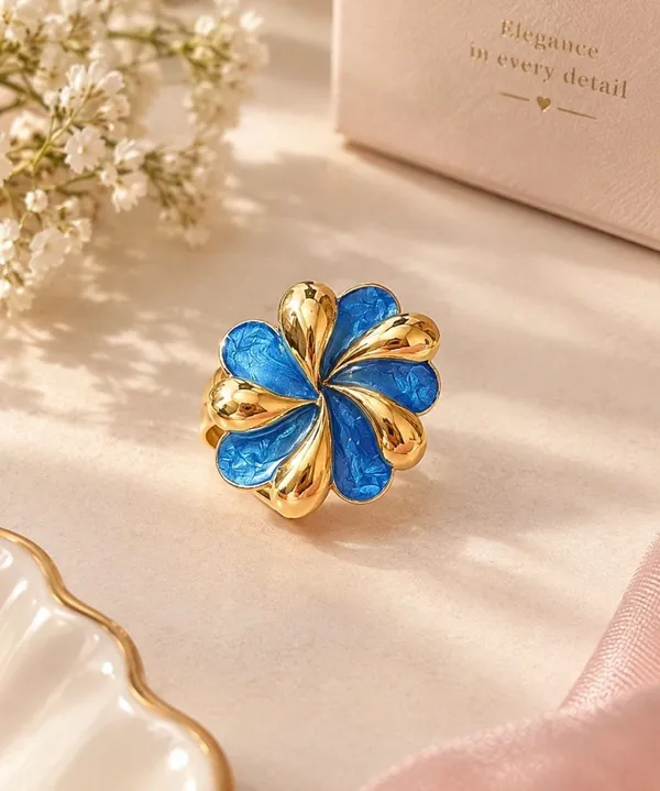 Gold-Plated_Blue_Enamel_Swirl_Cluster_Statement_Ring