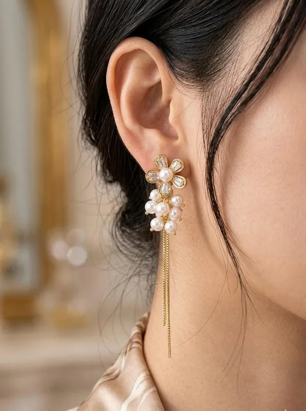 Gold-Plated_Floral_Zirconia_and_Pearl_Drop_Long_Chain_Earrings