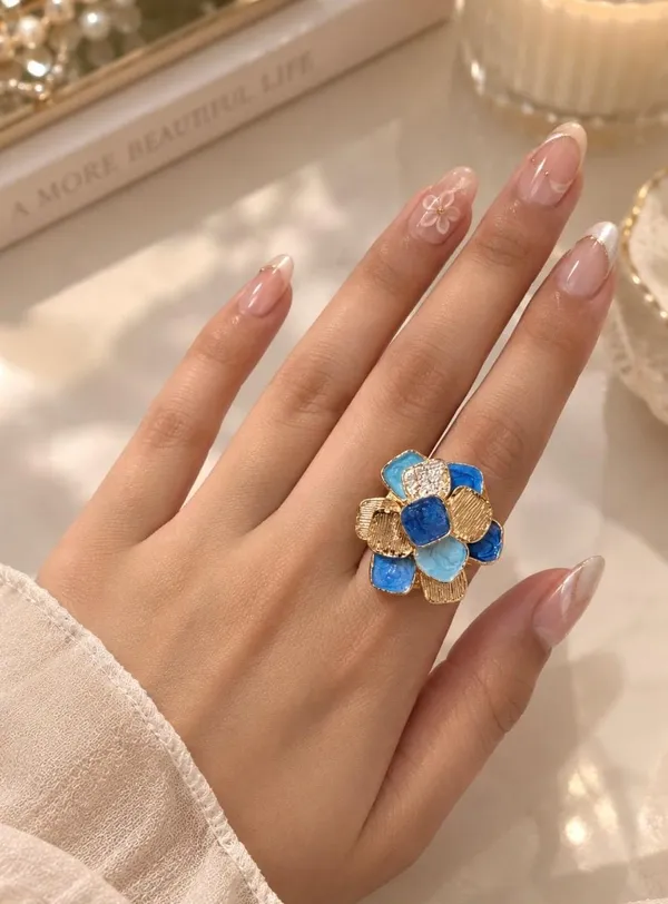 Gold-Plated_Blue_Enamel_Swirl_Cluster_Statement_Ring