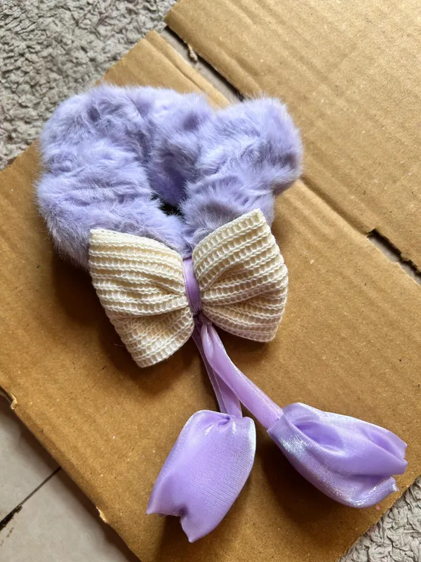 Purple_Cotton_Faux_Fur_Bow_Scrunchie_For_Women_Pack_Of_2