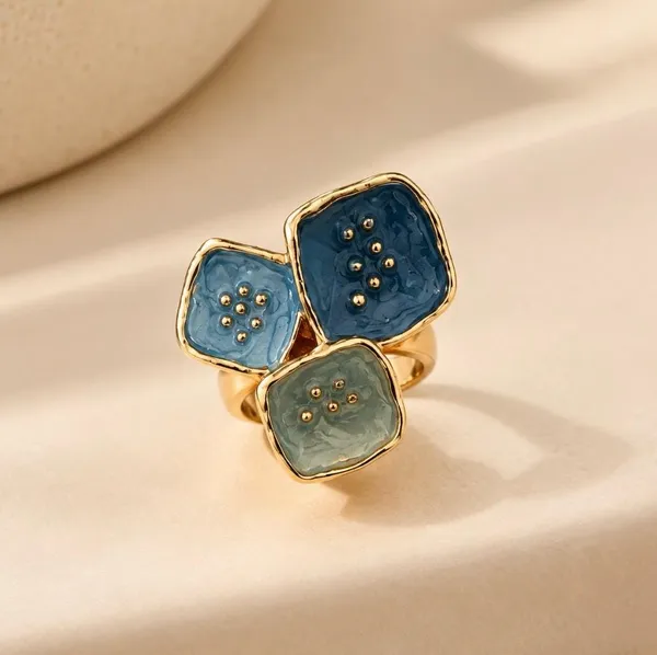 Gold-Plated_Blue_Enamel_Square_Lotus_Pod_Cluster_Statement_Ring