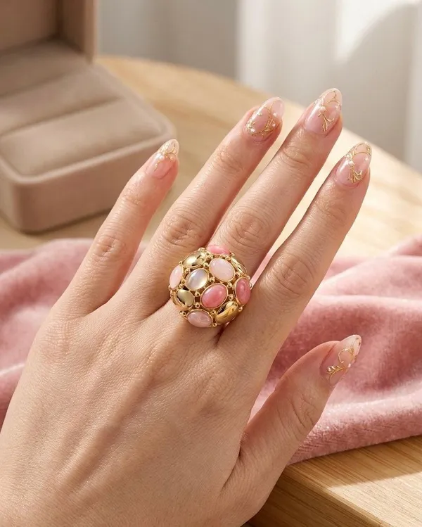 Gold-Plated_Pink_Enamel_and_Polished_Dome_Cluster_Statement_Ring