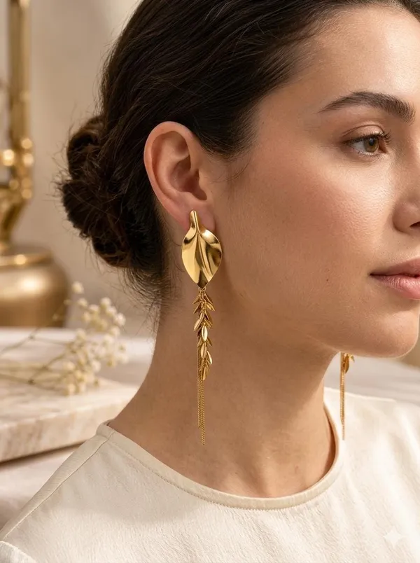 Gold-Plated_Leaf_Design_Long_Tassel_Dangle_Earrings