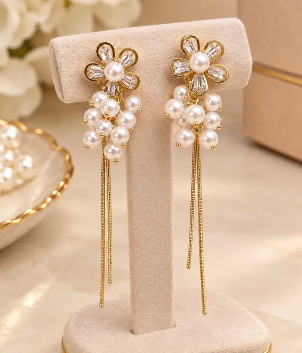 Gold-Plated_Floral_Zirconia_and_Pearl_Drop_Long_Chain_Earrings